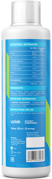 Spalacz tłuszczu VPLab L-Carnitine Concentrate 500 ml Tropical (5060730360985) - obraz 2