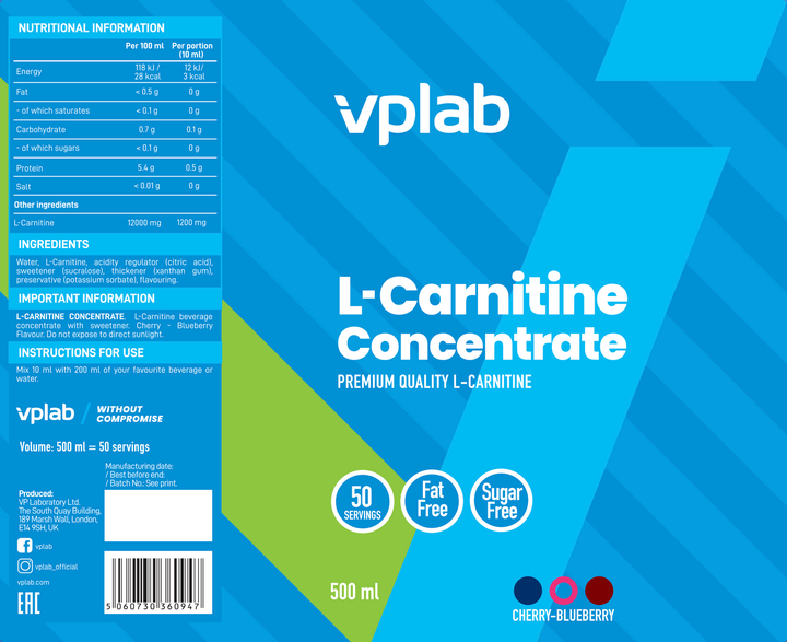 Жироспалювач VPLab L-Сarnitinе Concentrate 500 мл Cherry Blueberry (5060730360947) - зображення 3