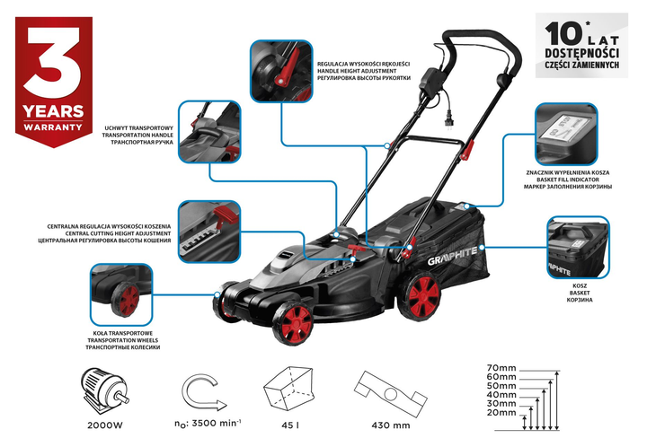 Газонокосарка електрична Graphite 2000 Вт 43 см 45 л 20-70 мм 14 кг 59G475 (5902062082954) - зображення 14