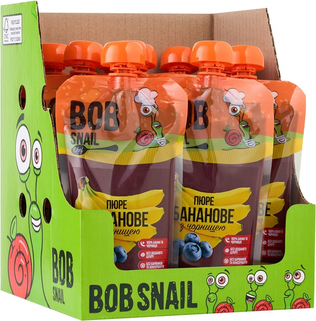 Упаковка фруктового пюре Bob Snail Банан-Черника 250 г х 10 шт (4820219343936) 