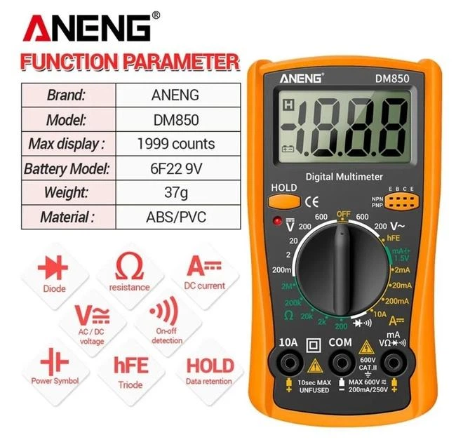 Універсальний мультиметр тестер-вольтметр Digital Multimeter ANENG DM-850 помаранчевий - Фото 2 Універсальний мультиметр тестер-вольтметр Digital Multimeter ANENG DM-850 помаранчевий - изображение 2