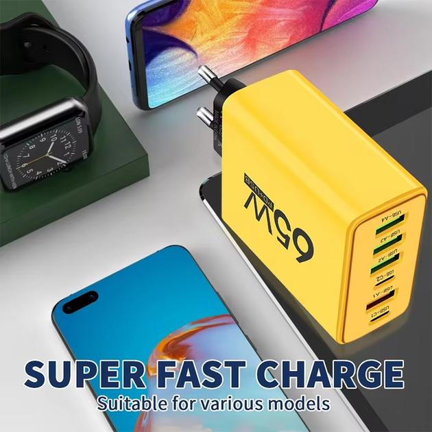 Сетевое зарядное устройство, блок питания 65 Вт, 4шт. USB + 2шт. Type-C, адаптер для зарядки, желтый - изображение 6