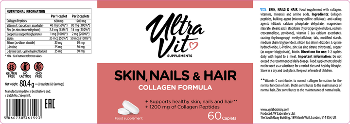 Suplement diety Ultra Vit Skin, Nails & Hair Collagen formula 60 kapsułek (5060730361593) - obraz 4
