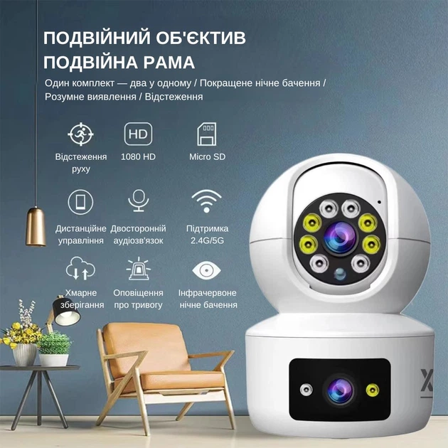 IP-камера поворотная с двойным объективом XON SmartCam Wi-Fi 1080P (UTWEW22VW 7393) Белая - изображение 3