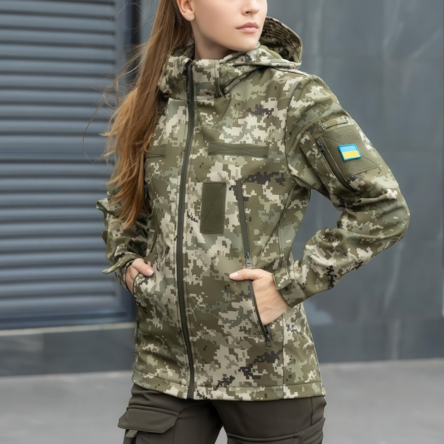 Куртка Женская SoftShell с Velcro панелями + Подарок Шеврон Флаг Украины пиксель размер XL - изображение 1