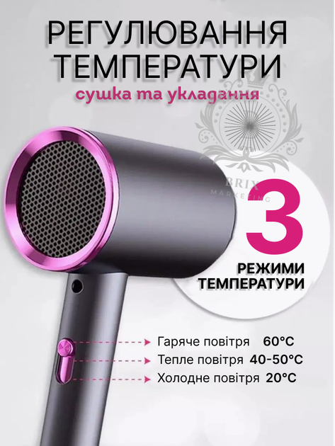 Фен для сушки і укладання волосся Powerful hair dryer 800 Вт Темно-сірий з фіолетовим - зображення 2