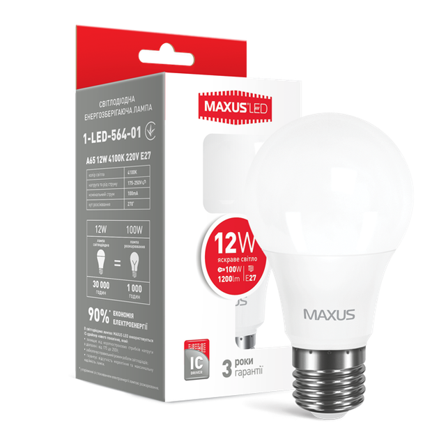 Світлодіодна лампа Maxus A65 12W 4100K 220V E27 (1-LED-564-01) - Фото 1 Світлодіодна лампа Maxus A65 12W 4100K 220V E27 (1-LED-564-01) - зображення 1