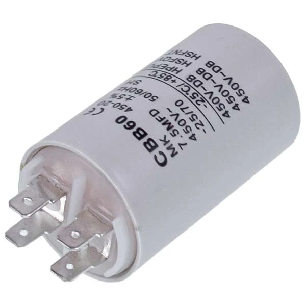 Пусковий конденсатор для пральної машини CBB60 7.5uF 450V 38x60mm (під гайку, 4 клеми) - Фото 1 Пусковий конденсатор для пральної машини CBB60 7.5uF 450V 38x60mm (під гайку, 4 клеми) - зображення 1