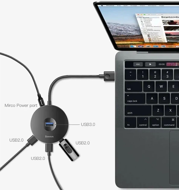 USB-хаб адаптер Baseus Round Box 5-in-1 0.12 м USB 2.0 USB 3.0 MicroUSB Black (CAHUB-G01) - изображение 3
