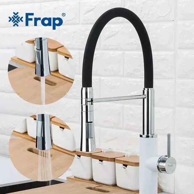 Змішувач для кухні Frap F4452-8 з гнучким виливом, 2 режими, біло/чорний - изображение 2
