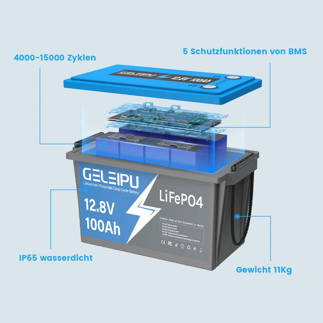Акумулятор LiFePO4 GELEIPU 12.8V 100Ah Deep Cycle с BMS - зображення 2