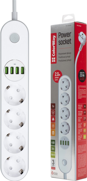 Listwa zasilająca ColorWay 4 gniazda 4 USB 2 m White (CW-CHE44W) - obraz 7
