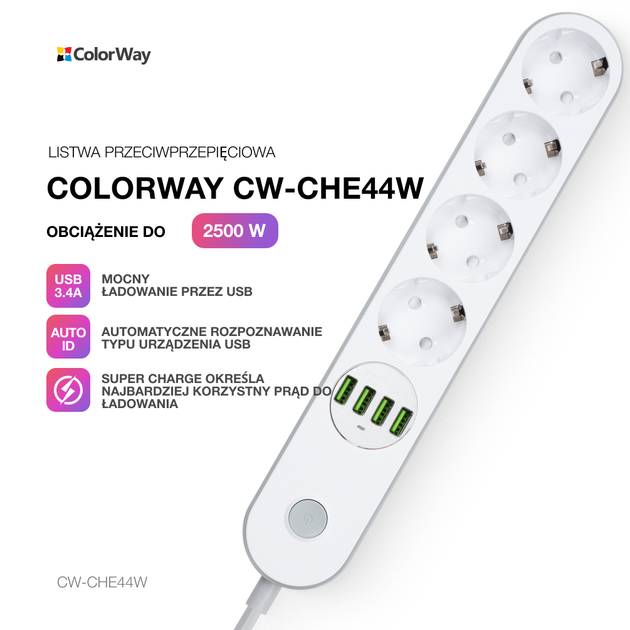 Listwa zasilająca ColorWay 4 gniazda 4 USB 2 m White (CW-CHE44W) - obraz 8
