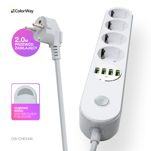 Listwa zasilająca ColorWay 4 gniazda 4 USB 2 m White (CW-CHE44W) - obraz 10