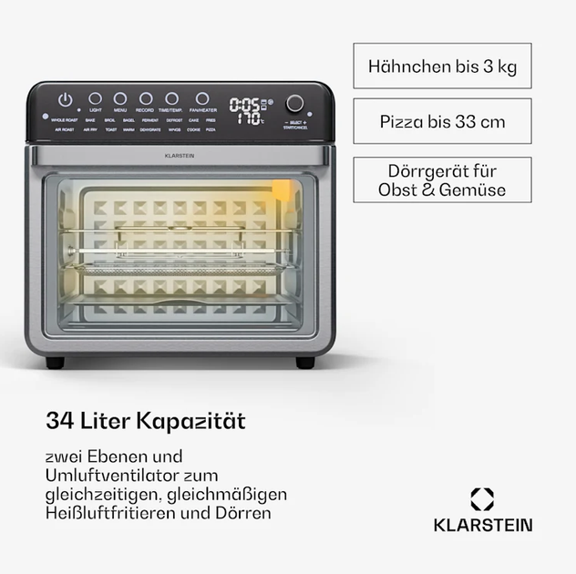 Фритюрница с горячим воздухом для приготовления Klarstein Air Glaze Digital 2000 Вт 34 литра - изображение 3