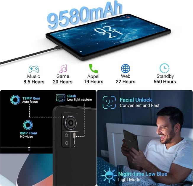 Планшет 11" 2K FASTWD T181 20/256Gb 8 ядер 4G 2-SIM Android 13 9580mAh Черный - изображение 4