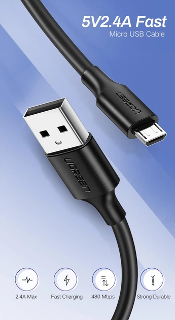 Кабель UGREEN US289 USB 2.0 to Micro-USB 480 Mbps 2A 0.5m White (60140) - изображение 2