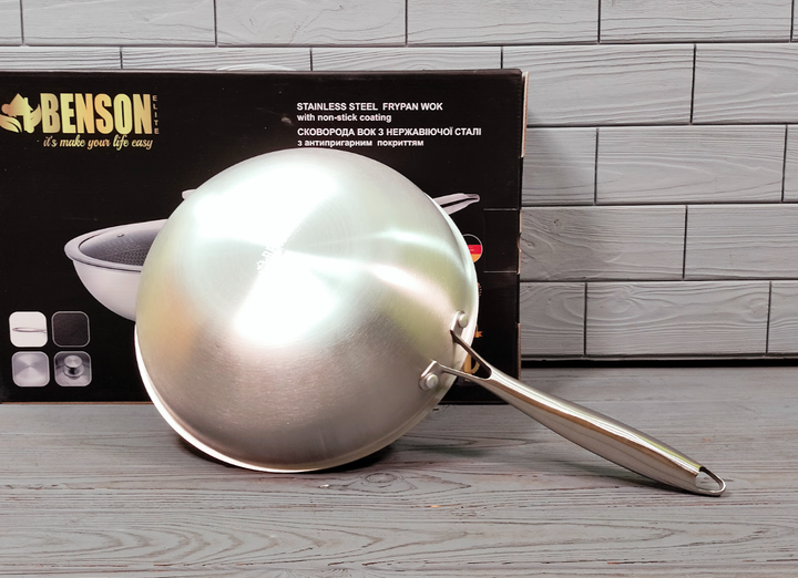Професійна сковорода Benson BN-590 28 см з антипригарним стільником нержавіюча сталь індукційна зі скляною кришкою для всіх типів плит для духовки до 260 градусів кухонная сковорода - зображення 5