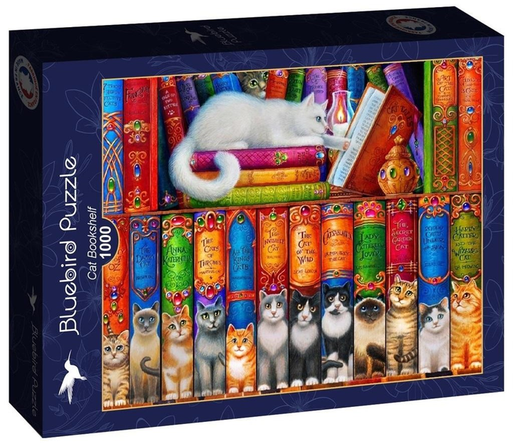 Puzzle Bluebird Cat Bookshelf 69 x 48 cm 1000 elementów (3663384902178) - obraz 1