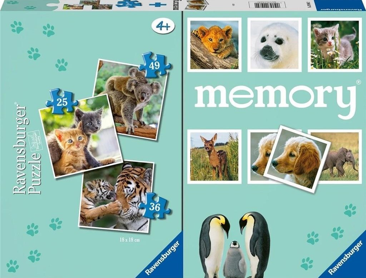 Набір пазлів Ravensburger Memory Діти тварин 3 в 1 27 x 38 см 25+36+49 деталей (4005556209842) - зображення 1