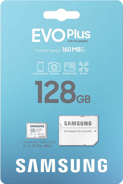 Карта памяти Samsung Evo Plus microSDXC 128GB UHS-I U3 V30 A2 + SD адаптер (MB-MC128SA/EU) - изображение 8