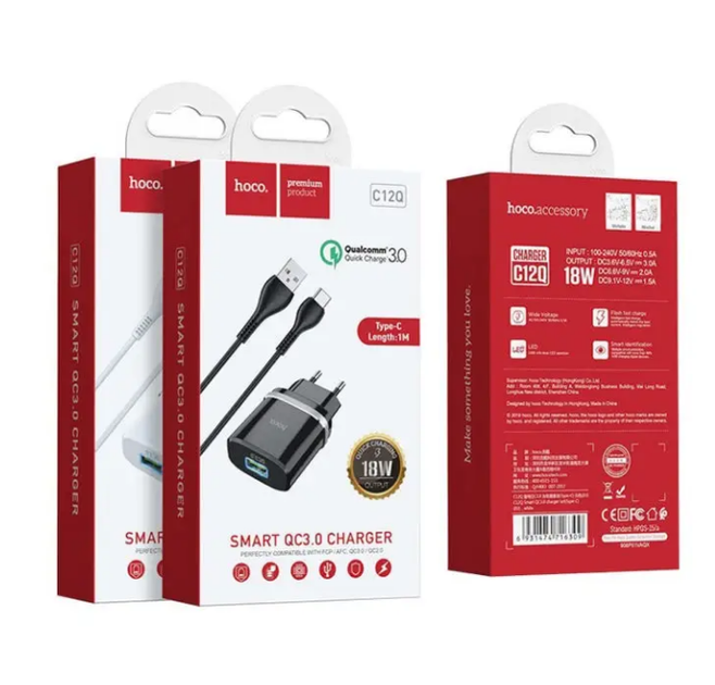 Сетевое зарядное устройство Hoco Smart QC3.0 charger + кабель Type-C 1м Black (C12Q) - Фото 4 Сетевое зарядное устройство Hoco Smart QC3.0 charger + кабель Type-C 1м Black (C12Q) - изображение 4