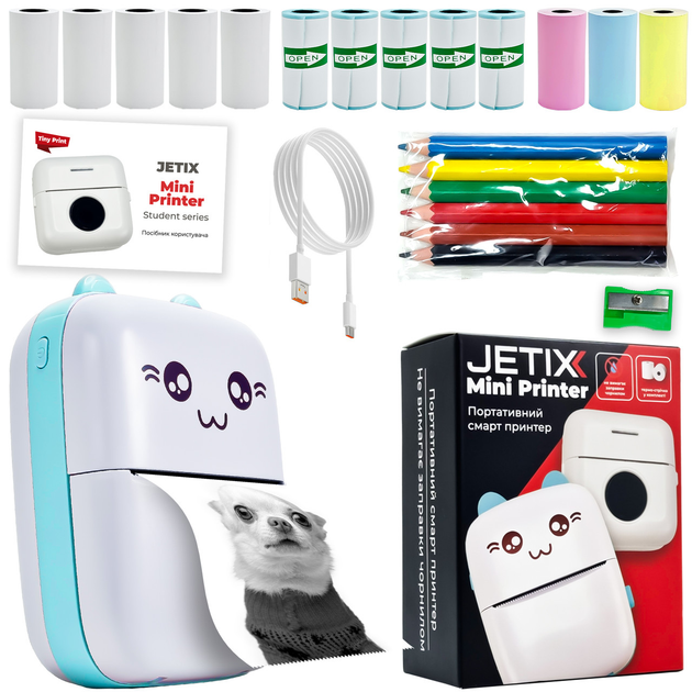 Портативный детский принтер JETIX Mini printer с термопечатью Blue| Принтер с набором термобумаги и карандашей - изображение 1