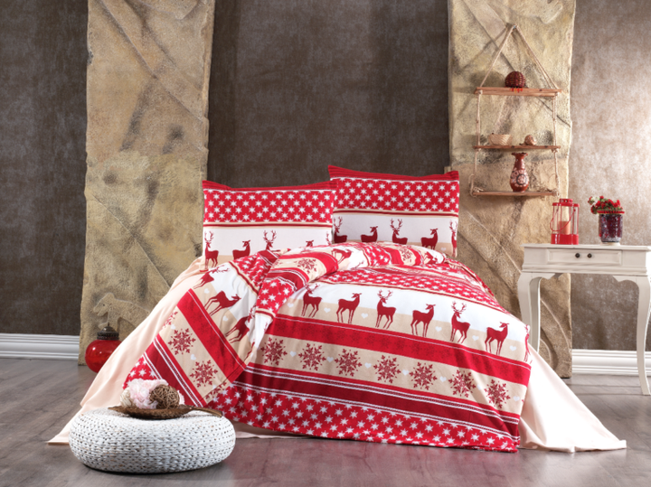 Комплект постільної білизни Kayra Flanel Євро 200×220 см Байка Червоний з оленями - Фото 1 Комплект постільної білизни Kayra Flanel Євро 200×220 см Байка Червоний з оленями - зображення 1