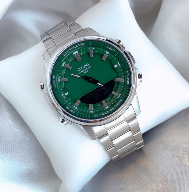 Годинник CASIO AMW-880D-3AVDF для чоловіків у сріблястому виконанні із зеленим екраном. - зображення 3