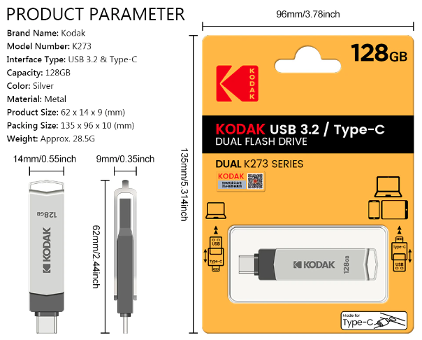 Флешка Kodak 64GB 2в1 (USB / Type-C) Металл - Фото 3 Флешка Kodak 64GB 2в1 (USB / Type-C) Металл - изображение 3