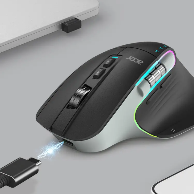 Мышь ACER OMR225 с комбинированным подключением, RGB, бесшумная, с боковым колёсиком, 4800 DPI, чёрный - изображение 4