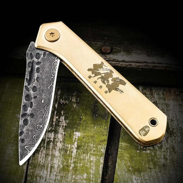 Ніж HX Outdoors Brass Folding Knife Damascus Grained Steel Gold - зображення 2