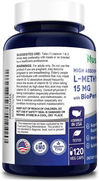 L-метилфолат Вітамін B9 преміум-класу NusaPure L Methylfolate 120 капсул - зображення 3