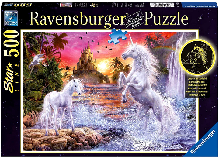 Puzzle Ravensburger Świecące Jednorożce nad rzeką 49 x 36 cm 500 elementów (4005556148738) - obraz 1