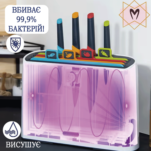 Набір обробних дошок та ножів на смарт підставці з функцією автосушіння та дезінфекції Memorik - Фото 2 Набір обробних дошок та ножів на смарт підставці з функцією автосушіння та дезінфекції Memorik - зображення 2