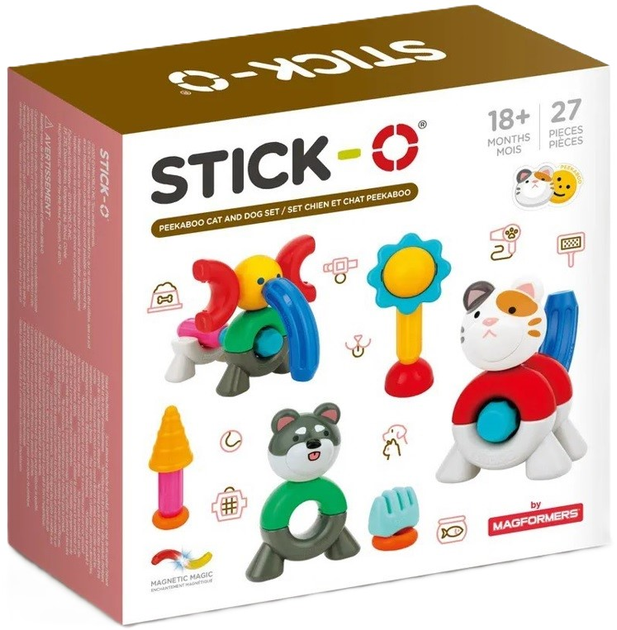 Klocki magnetyczne Magformers Stick O Peek A Boo Kot i pies 27 elementów (0730658902103) - obraz 1