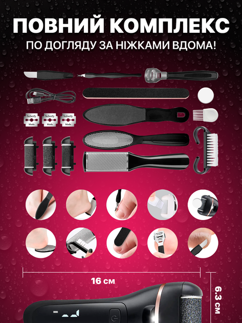 Электрическая пилка электро пемза для пяток и ног электропемза аккумуляторная роликовая шлифовальная машинка аппарат терка с функцией самоочищения и аккумулятором черная (ECR-658B) - изображение 9
