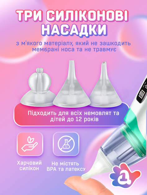 Аспиратор для носа детский назальный электрический соплеотсос для новорожденных и детей до 12 лет электронный сопле отсос детский работает от аккумулятора 3 режима 3 насадки (AN-01) - изображение 3