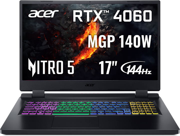 Ноутбук Acer Nitro 5 AN517-55-52XR (NH.QLFEU.00F) Obsidian Black / 17.3" IPS Full HD 144 Гц / Intel Core i5-12450H / RAM 16 ГБ / SSD 512 ГБ / nVidia GeForce RTX 4060, 8 ГБ - изображение 2