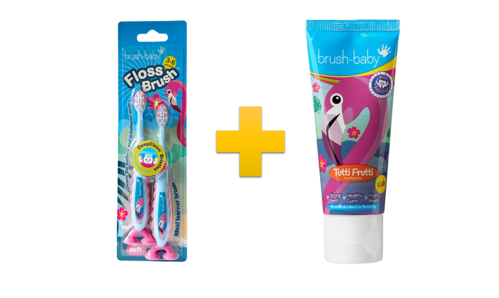 Комплект Brush-Baby FlossBrush (паста Фламінго + щітка Фламінго 3-6 років 2шт.) - Фото 1 Комплект Brush-Baby FlossBrush (паста Фламінго + щітка Фламінго 3-6 років 2шт.) - зображення 1