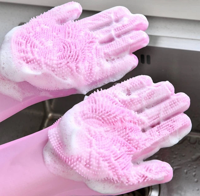 Силиконовые перчатки со щеткой CleansGlove, розовые - изображение 13