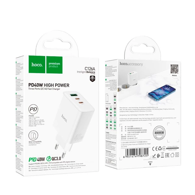 Адаптер мережевий HOCO Pure power three-port C126A |1USB/2Type-C, 40W/3A, PD/QC| білий - Фото 7 Адаптер мережевий HOCO Pure power three-port C126A |1USB/2Type-C, 40W/3A, PD/QC| білий - зображення 7