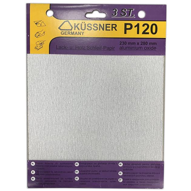 Папір наждачний Kussner PS33 для фарб, лаків та шпаклівок P120, 230x280 мм, уп. 3 шт. - зображення 1
