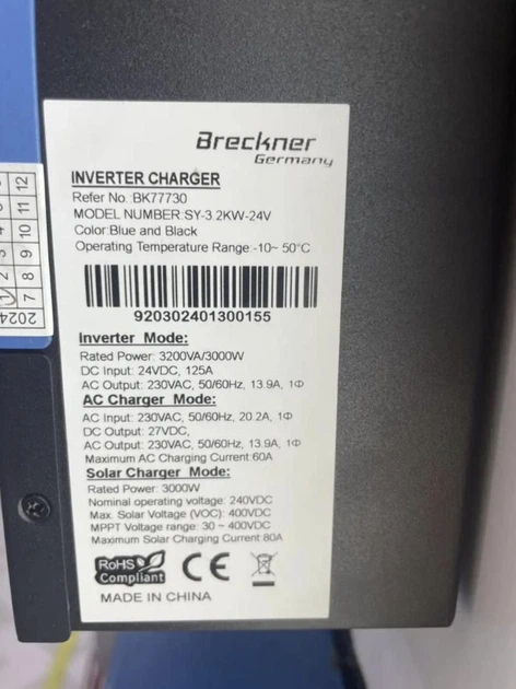 Сонячний гібридний інвертор Breckner Germany 3.0 KW 24V 80A - зображення 4