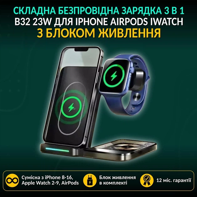 Складная беспроводная зарядка док станция на айфон apple iphone часы iwatch эпл вотч наушники airpods 3 в 1 23W QINETIQ B32 с подсветкой с адаптером - Фото 2 Складная беспроводная зарядка док станция на айфон apple iphone часы iwatch эпл вотч наушники airpods 3 в 1 23W QINETIQ B32 с подсветкой с адаптером - изображение 2