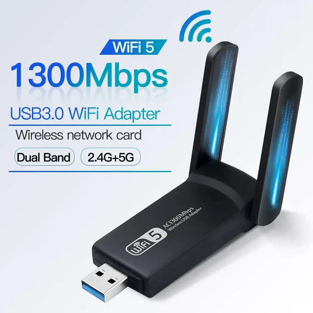 Двухдиапазонный USB 3.0 WiFi адаптер сетевая карта 1300Mbps 2.4GHz/5GHz с двумя антеннами диском с драйверами (478133-Prob) - Фото 2 Двухдиапазонный USB 3.0 WiFi адаптер сетевая карта 1300Mbps 2.4GHz/5GHz с двумя антеннами диском с драйверами (478133-Prob) - изображение 2