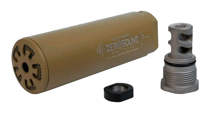 Глушитель Zero Sound TITANium Mini Brake кал. 223 - 6,5 Creedmoor. Резьба 1/2"-28 UNEF. Цвет - Coyote tan - изображение 1