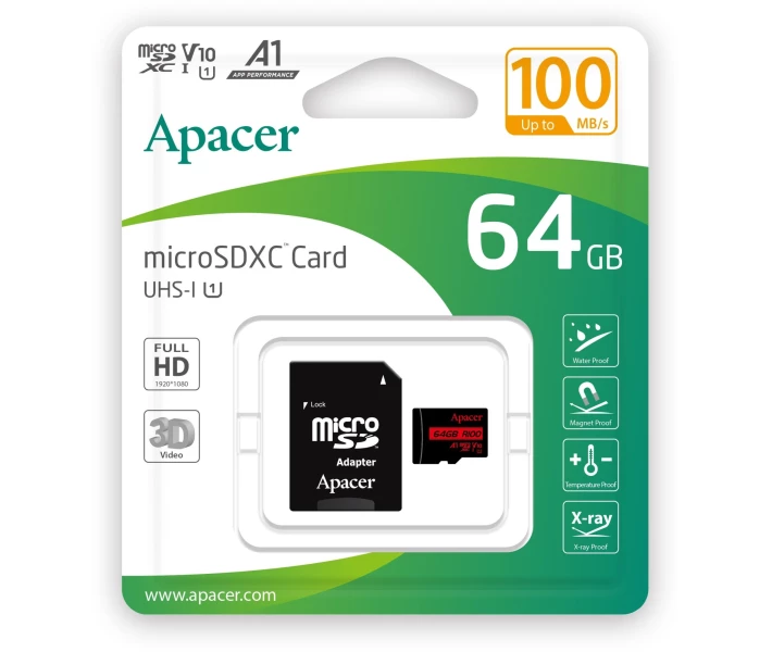 Карта памяти Apacer microSDXC 64GB R100 (скорость 100 МБайт в сек) AP64GMCSX10UB-R с адаптером - изображение 3
