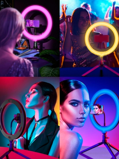 Кільцева LED лампа кольорова для селфі блогерів предметної зйомки 26 см для фото та відео зі штативом - зображення 3