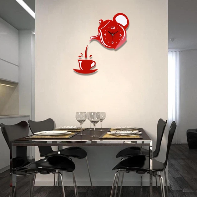 Настенные бескаркасные 3D часы Diy Teapot с зеркальным эффектом самоклеящиеся 40 х 40 см Красный - изображение 2